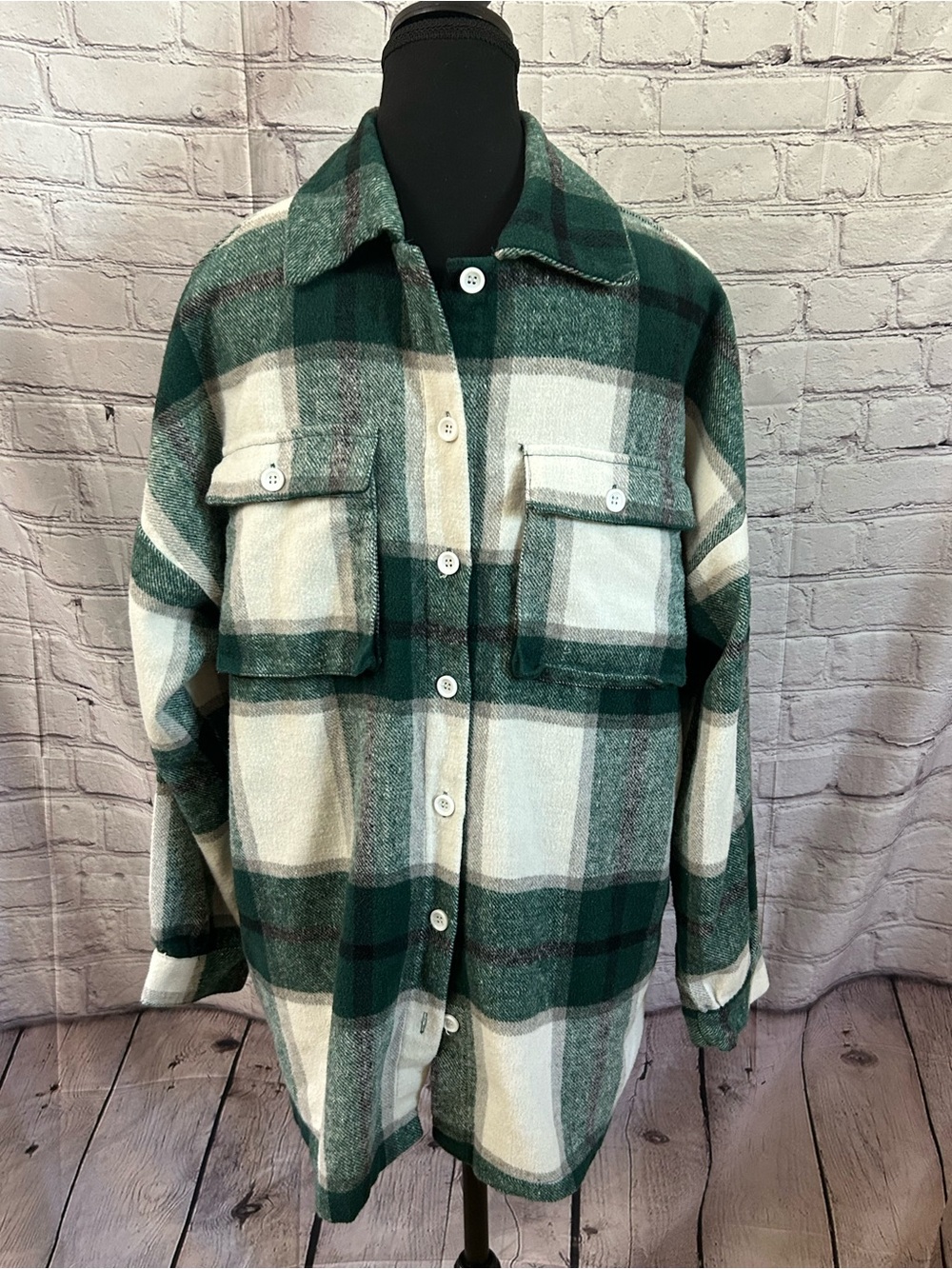 Lovers + Friends Green and White Plaid Shacket